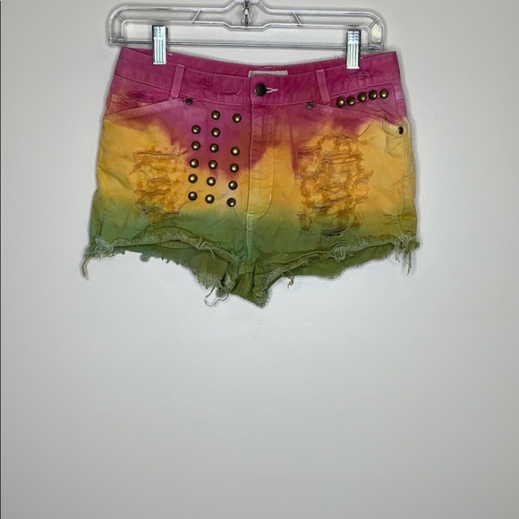 J.Jill | Out Of The Blue Tie Dye Cut Off Short Shorts | Brass Adorned Denim - Picture 3 of 7